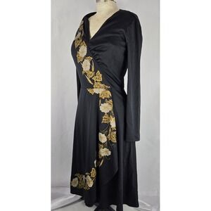 Alfred Shaheen Floral Dress Vintage Wrap Style Long‎ Sleeve Black 6 Made in USA